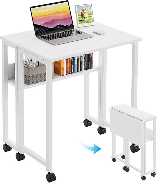 GreenForest Folding Desk with Wheels, 24.8 Inch Compact Rolling Computer Table with Storage Shelf, Portable Mobile Workstation for Small Spaces, Easy Assembly, Pure White