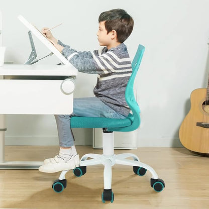 FurnitureR Desk Chair Armless, Adjustable Small Home Office Task Chair with Mesh Padded Cushion, Swivel Study Computer Chair with Rolling Wheels for Children Kids Teens Students, Aqua Green