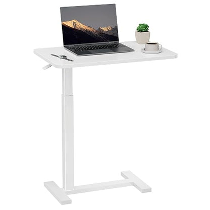 Overbed Bedside Table with Hidden Casters, Adjustable Pneumatic Mobile Laptop Computer Standing Desk, Rolling Laptop Table, Movable Overbed Table Hospital Home Use, White