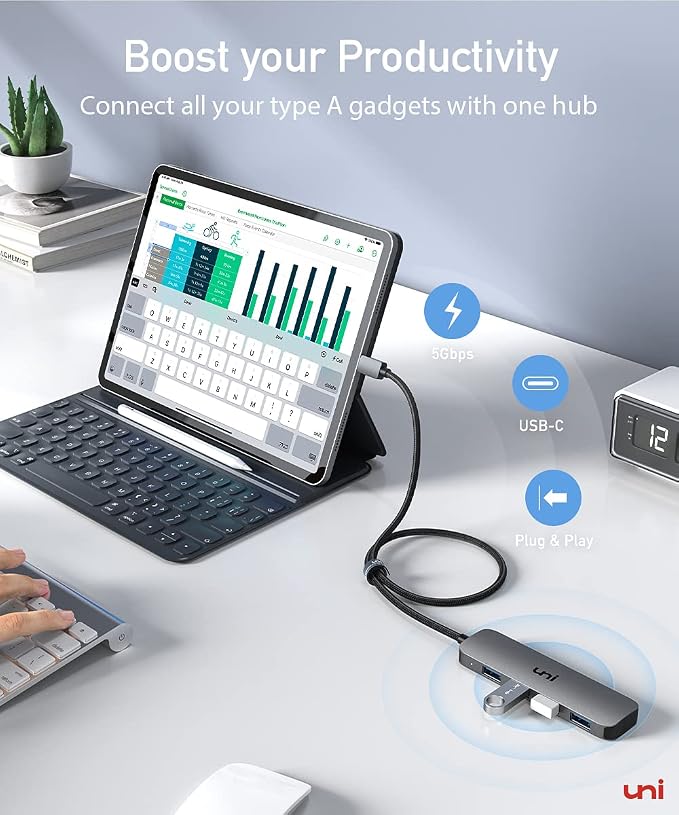 uni USB C to USB Hub 4 Ports 2ft, Sturdy Braided USB Type C to USB Adapter with 4 USB 3.0 Ports, Thunderbolt 3 to Multiport USB 3.0 Hub Adapter for MacBook Pro/Air 2020/2019, iPad Pro
