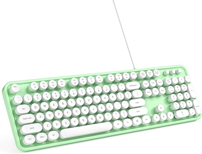 MOWUX Computer Keyboard Wired, Plug and Play USB Retro Round Typewriter Keyboard, Full Size Wired Keyboard with Foldable Stands for Laptop and Office PC- Green