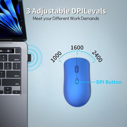 Wireless Mouse for Chromebook, Laptop, PC, MacBook, Slim Portable Optical Computer Mouse with USB Mini Receiver, Quiet Click, 2400 DPI, 2.4GHz Cordless Silent Travel Mobile mice - Blue