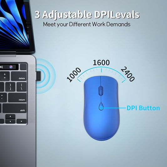 Wireless Mouse for Chromebook, Laptop, PC, MacBook, Slim Portable Optical Computer Mouse with USB Mini Receiver, Quiet Click, 2400 DPI, 2.4GHz Cordless Silent Travel Mobile mice - Blue