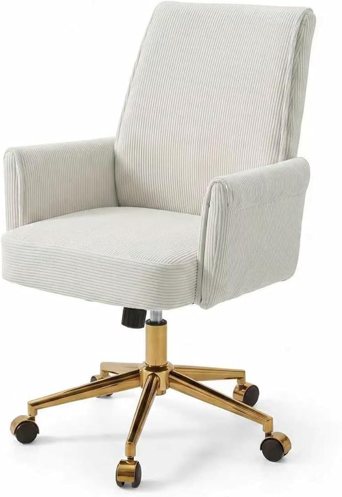 YITAI Stripes Velvet 360°Swivel Desk Chair, Modern Height Adjustable Home Office Armchair with Gold Base and Wheels for Vanity, Comfy Computer Chair for Study Living Room Bedroom（Beige）