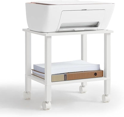 YUFAM 2 Tier Printer Stand with Storage,Under Desk Shelf Printer Table, Rolling Printer Cart for Office,Home,White