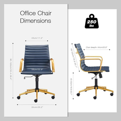 COROCC Office Desk Chair Modern Conference Room Task Chairs Leather Computer Swivel Excutive Ribbed Ergonomic Rolling Gold Desk Chair for Home Office