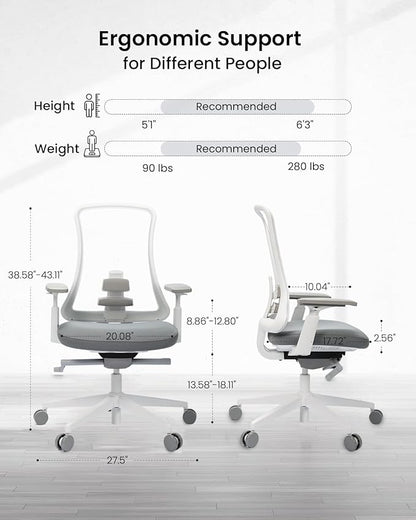 ProtoArc Ergonomic Office Chair - Flexer Pro Mesh Desk Chair with Lumbar Support for Women, Slide Seat & 4D Armrests, Tilt Lock | Stylish & Comfortable for Home Office, Computer Work - White