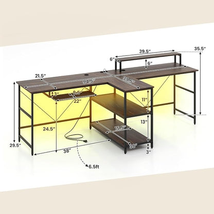 Tangkula 2-Person Reversible Computer Desk with LED Lights, 94.5” Long Office Desk with Power Outlets, Monitor Stand, Keyboard Tray & 2 Storage Shelves, Double Desk for Gaming Working Writing (Walnut)