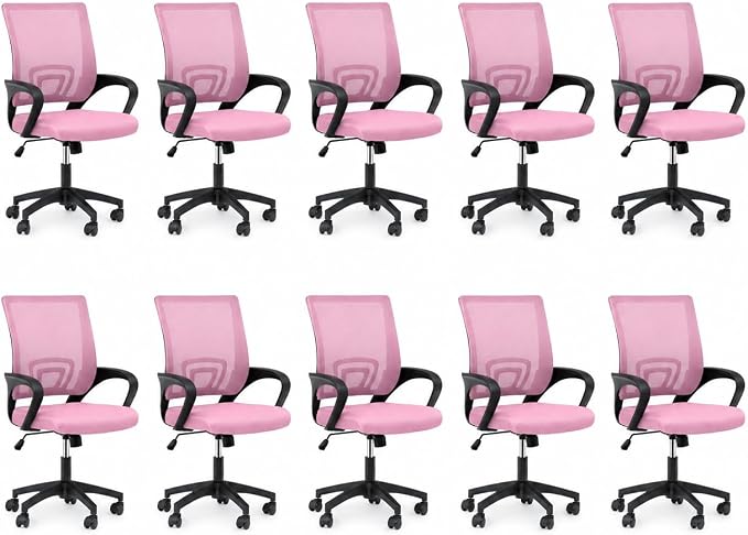 Office Chair, Ergonomic Mid-Back Mesh Desk Chair, 10 Pack, Pink | Lumbar Support, Adjustable Height, Rolling Wheels Design, Comfy Armrest, Work, Study, Gaming