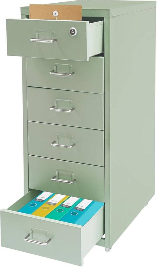 Vertical File Cabinet, 6 Drawers Rolling File Organizer Cabinets with Lock, Heavy Duty Metal Storage Cabinet, Movable Under Desk Filing Cabinet for Office, Study, Dresser (Green)