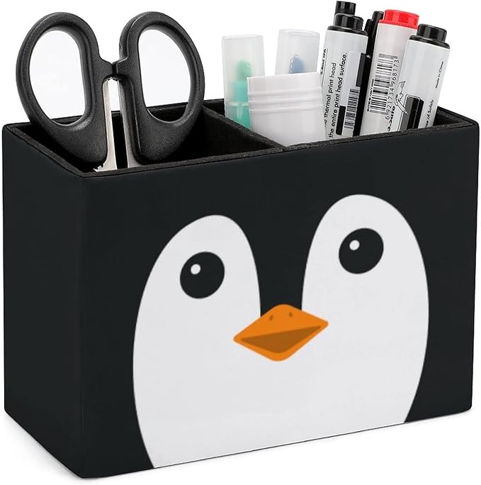 Niapessel Pencil Holder for Desk, Cute Penguin Face Pen Holder Storage Desktop Pen Organizer Desk Pencil Organizer Makeup Brush Holder for Office School College Leather