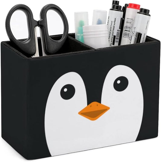 Niapessel Pencil Holder for Desk, Cute Penguin Face Pen Holder Storage Desktop Pen Organizer Desk Pencil Organizer Makeup Brush Holder for Office School College Leather