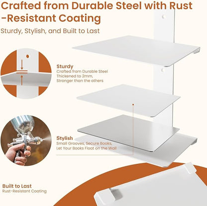 Wawocs Invisible Bookshelves for Wall, 8 Tier Floating Bookshelf Made of Heavy Duty Metal, Vertical Spine Book Tower Hanging Wall Bookshelf, Floating Book Shelves for Wall, 4 Pack White