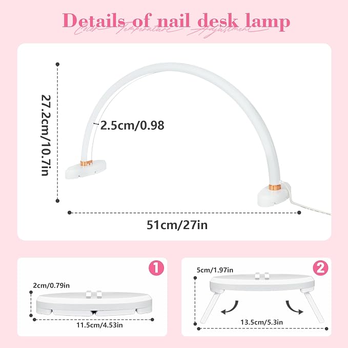 Half Moon Light for Nail Desk 20 inch Nail Desk Light Half Moon Lamp Portable Arch Lamp Dimmable with Foldable Bracket for Desk Salon Table Use, 3 Color Temperature