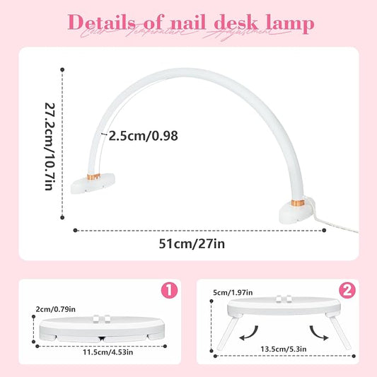 Half Moon Light for Nail Desk 20 inch Nail Desk Light Half Moon Lamp Portable Arch Lamp Dimmable with Foldable Bracket for Desk Salon Table Use, 3 Color Temperature