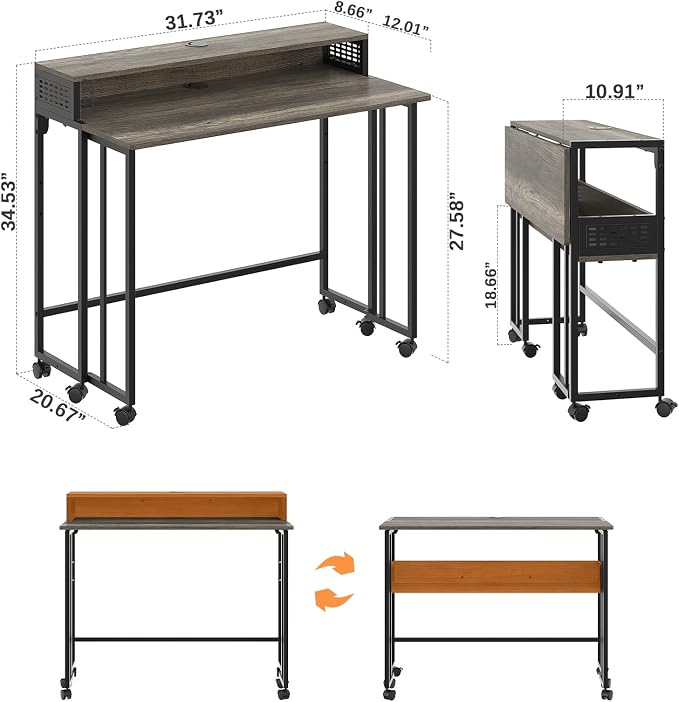 Gezen Folding Desk with Storage Shelf, Small Rolling Desk with Wheels, Mobile Sofa Side Table for Home Office Small Space, Dark Grey, 31.5"