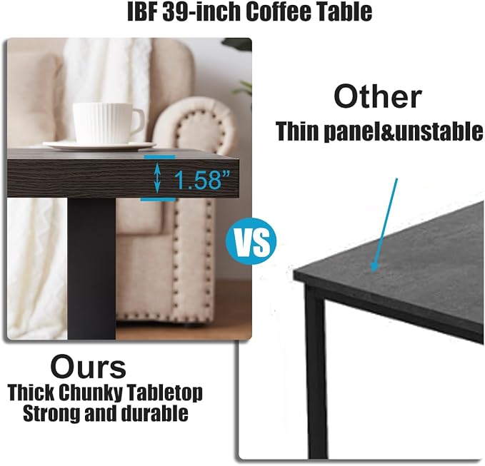 IBF Industrial Grey Coffee Table, Modern Simple Wood and Metal Center Tables, Minimalist Rectangle Wooden Living Room Table, Vintage Rustic Cocktail Tea Table for Home Bedroom, Dark Gray Oak, 39 inch