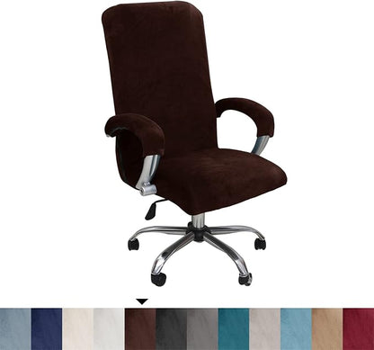 Velvet Plush Office Desk Chair Cover, Coffee, XL | Cat Proof, Stretchable Elastic, Fits Mesh and Executive Chairs, With Wheels and Armrests, Removable