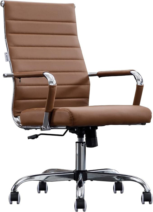 Home Office Chair Ribbed, Modern Leather Conference Room Chairs, Ergonomic Office Desk Chair, High Back Executive Computer Chair, Adjustable Swivel Chair with Arms (Brown)