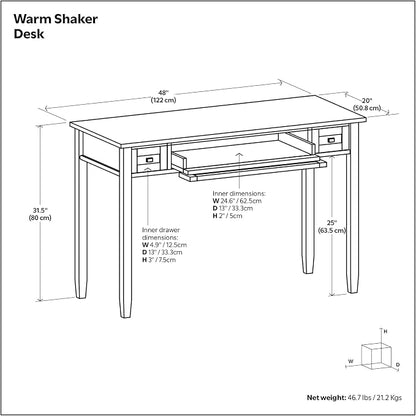 SIMPLIHOME Warm Shaker Desk - 48 Inch Wide Solid Wood Writing Desk in Mocha Brown, Transitional Home Office Computer Table for Workspace or Study with Flip-Down Keyboard Tray and 2 Drawers