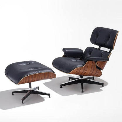 Mid Century Chaise Lounge Chair with Ottoman, Genuine Leather Reading Chair, Modern Chair Classic Design, Heavy Duty Base Support for Living Room Study Lounge Office,Tall Upgraded, Palisander Black