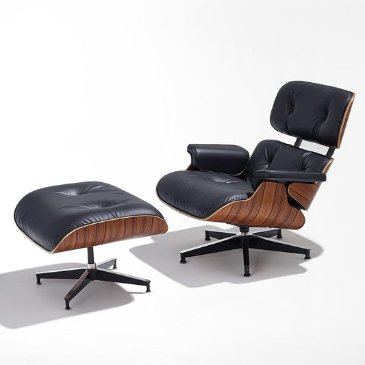 Mid Century Chaise Lounge Chair with Ottoman, Ultra Premium Aniline Leather Reading Chair, Modern Chair Classic Design, Heavy Duty Base Support for Living Room Study Lounge Office, Palisander Black