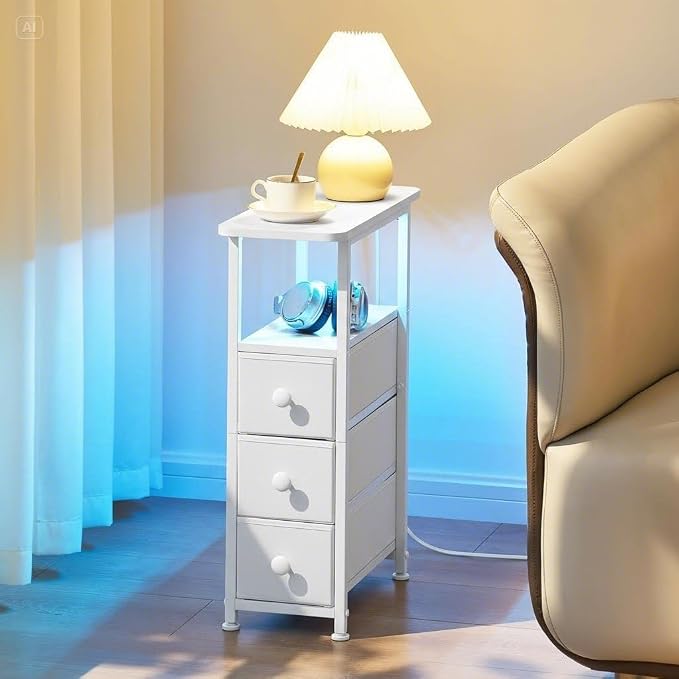 DALEMHOME Narrow End Table with Charging Station, Narrow Side Table with Drawer, Small Nightstand with LED Light, Skinny Nightstand, Small Bedside Table for Living Room, Bedroom, Couch, White