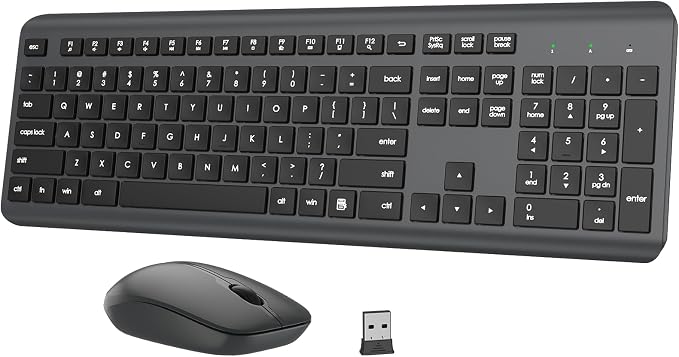 Wireless Keyboard and Mouse Combo, Full-Size Silent Ergonomic Keyboard and Optical Mouse, Long Battery Life, 2.4G Lag-Free Mice Keyboard for Computer,Mac,Laptop,PC,Windows(Gray)