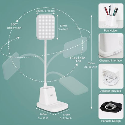Upgraded LED Desk Lamp with Wireless Charger, White Small Desk Light with Pen Holder, 3 Color Modes, CRI 85, 800 Lumen, Study Lamps for College Dorm Room, Home Office, Adapter Included