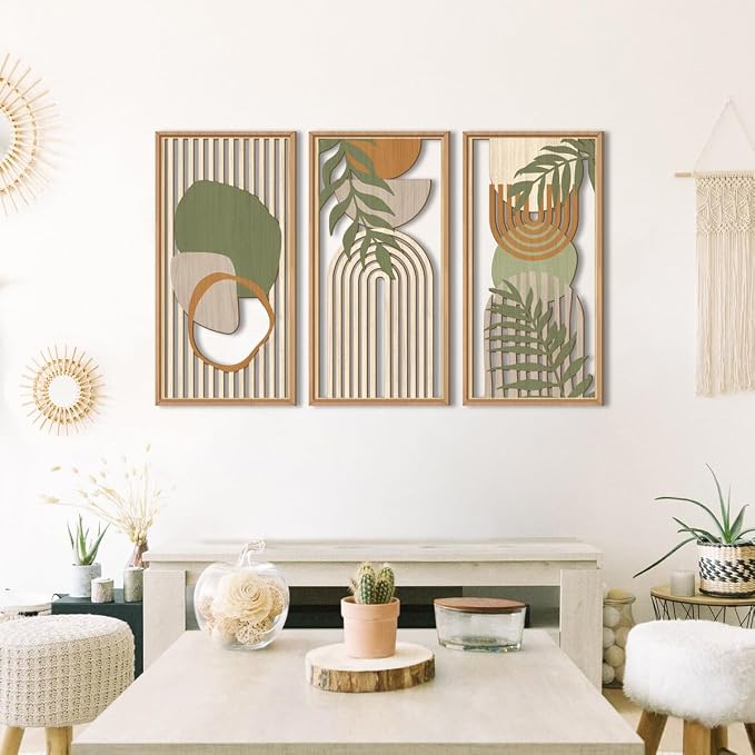 IARTTOP Large Boho Mid-century Modern Wood Wall Art 16x32 Inch Framed Green Abstract Leaf Wooden Wall Decor Bohemian Minimalist Geometric Wall Art Decor for Bedroom Living Room Office Set of 3