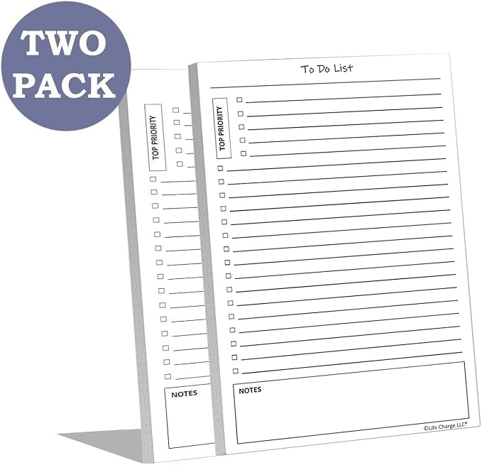 Life Charge To Do List Notepads for Work, Daily Checklist Planner Pads with Priority & Notes, 2 Pack, 100 Pages Total, 8.5 x 5.5 Half Letter, Portrait