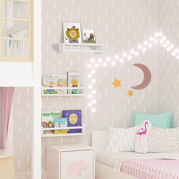 AZSKY Floating Bookshelf for Kids Room, White Wall Mounted Nursery Shelves for Bathroom, Kitchen Spice Rack, Book Shelf Photo Organizer for Baby Nursery Décor 16 Inch Set of 3