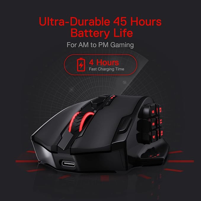 Redragon M913 Impact Elite Wireless Gaming Mouse, 16000 DPI Wired/Wireless RGB Mouse with 16 Programmable Buttons, 45 Hr Battery and Pro Optical Sensor, 12 Side Buttons MMO Mouse