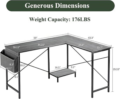 L Shaped Desk, 50 Inch Reversible Computer Desk Corner Gaming Table with CPU Stand & Storage Bag, Sturdy Metal Frame PC Workstation for Home Office