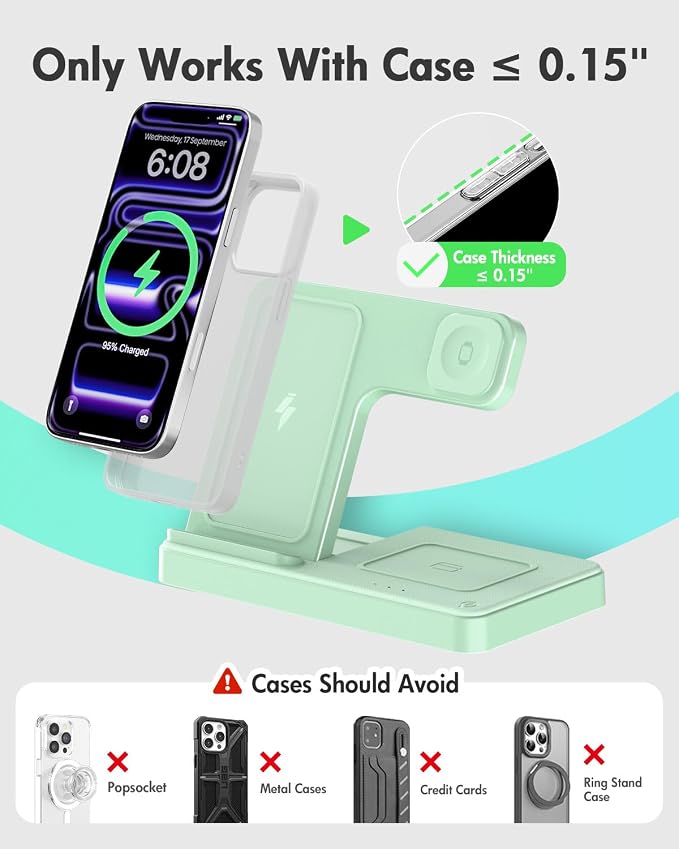 Wireless Charger Stand Charging Station: 3 in 1 Charger Multiple Devices for Apple iPhone 17 16e 16 15 14 Pro Max 13 12 11 for Watch 11 10 9 8 7 6 5 4 3 2 SE and Ultra & Airpods Series, Light Green