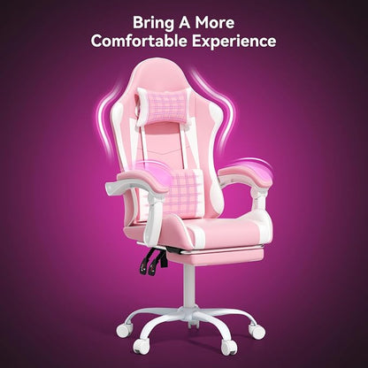 Gaming Chair, Ergonomic Computer Chairs with Arms, Lumbar Support, Footrest, Headrest 360°Swivel Chair, Adjustable Back and Height, Leather PC Chairs for Gaming, Study, Office, Pink