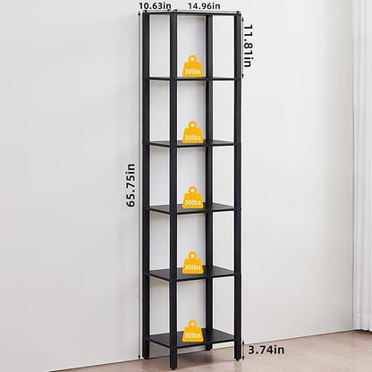 YUFAM 66in Tall Bookshelf 6-Tier Small Narrow Bookcase, Skinny Book Shelf for Small Space, Farmhouse Slim Shelf with Storage, Wood Freestanding Display Thin Bookshelves for Living Room, Office, Black