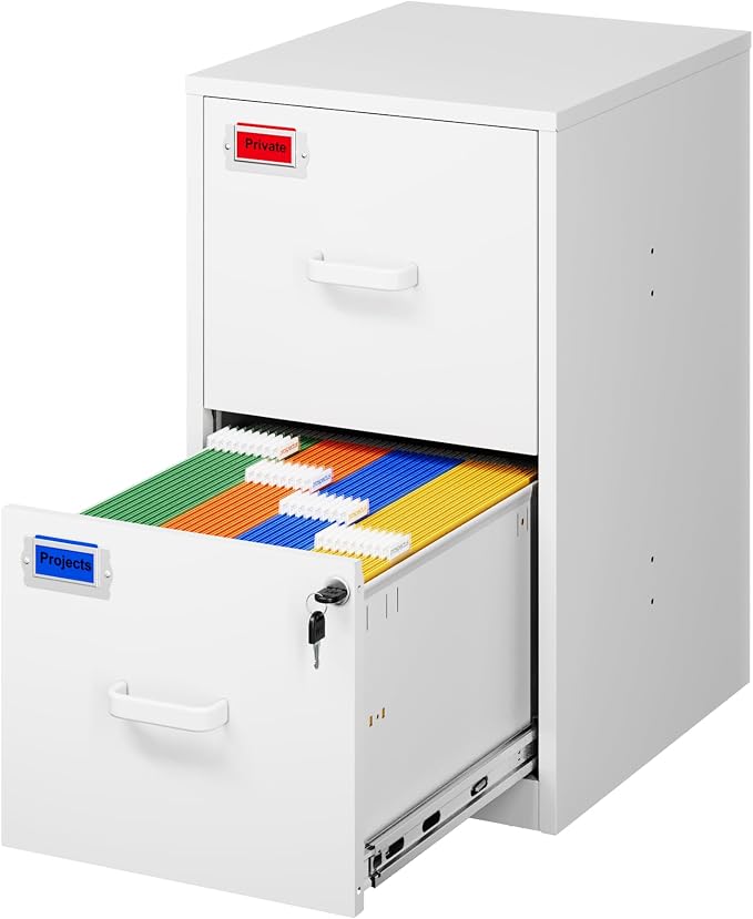 PEUKC 2 Drawer File Cabinet with Lock, 25.4" High Vertical Filing Cabinet, 17.7" Deep Metal Storage Cabinets for Home Office, Letter/Legal/A4/F4 Size, White(Assemble Required)