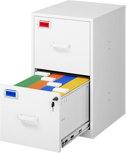 PEUKC 2 Drawer File Cabinet with Lock, 25.4" High Vertical Filing Cabinet, 17.7" Deep Metal Storage Cabinets for Home Office, Letter/Legal/A4/F4 Size, White(Assemble Required)