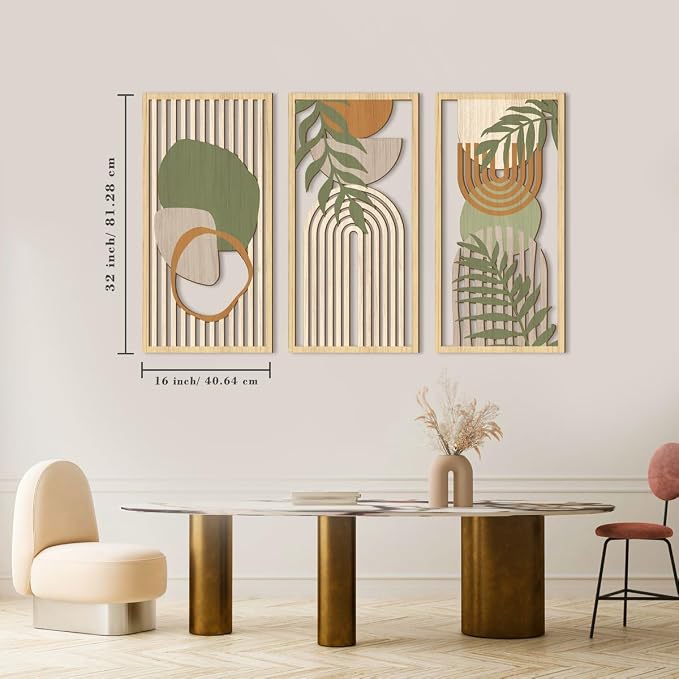IARTTOP Boho Mid-century Modern Wood Wall Art 16x32 Inch Large Green Abstract Wood Wall Decor Mid Century Bohemian Artwork for Bedroom Living Room Office Kitchen Set of 3