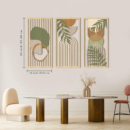 IARTTOP Boho Mid-century Modern Wood Wall Art 16x32 Inch Large Green Abstract Wood Wall Decor Mid Century Bohemian Artwork for Bedroom Living Room Office Kitchen Set of 3