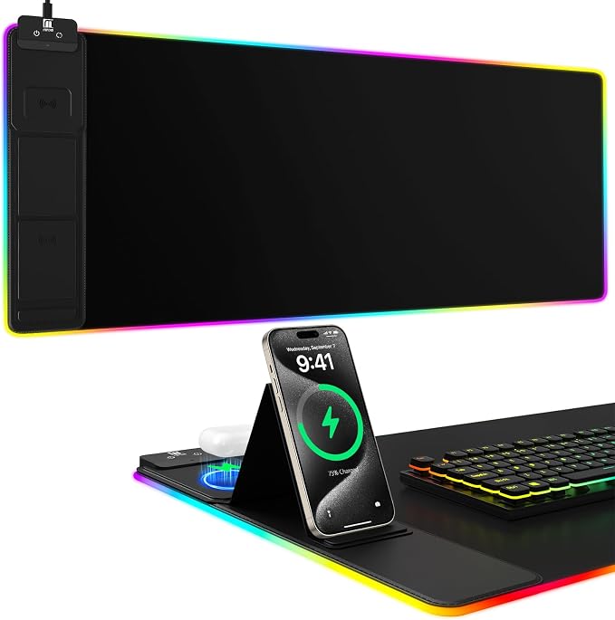 Mouse Pad with Phone Holder, Wireless Charging Desk Mat, RGB Gaming Mousepad Home Office Large Desk Pad with Ultra-Smooth Surface, Non-Slip Base, Waterproof Keyboard Pad, Classic Black Desk Mat
