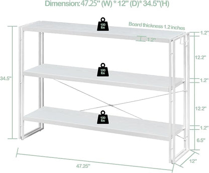 HCHQHS Bookshelf, 3-Tier Industrial Bookcase, White Open Book Shelf, Freestanding Horizontal Bookshelves with Metal Frame