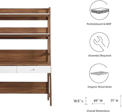 Modway Bixby Home Office Desk with Bookshelf in Walnut White