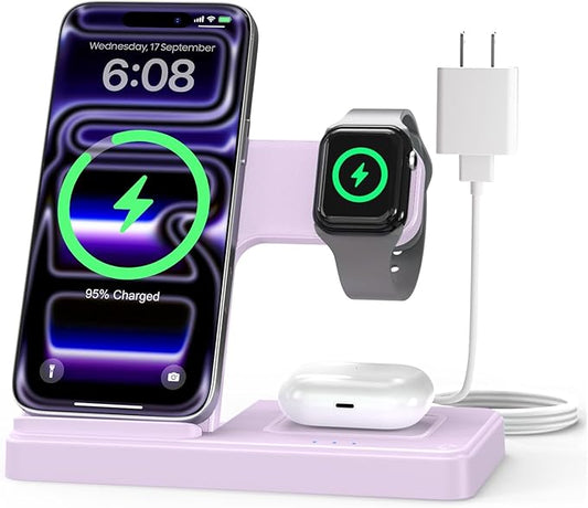 Wireless Charger Stand Charging Station: 3 in 1 Charger Multiple Devices for Apple iPhone 17 16e 16 15 14 Pro Max 13 12 11 for Watch 11 10 9 8 7 6 5 4 3 2 SE and Ultra & Airpods Series, Light Violet