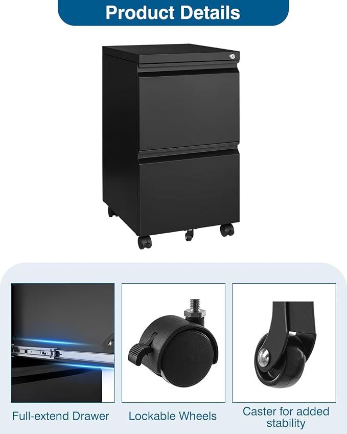 PEUKC 2 Drawer File Cabinet with Lock, Metal Under Desk Rolling Filing Cabinet fits Letter/Legal/A4 Size for Home Office, Mobile Filing Cabinets, Assemble Required, Black