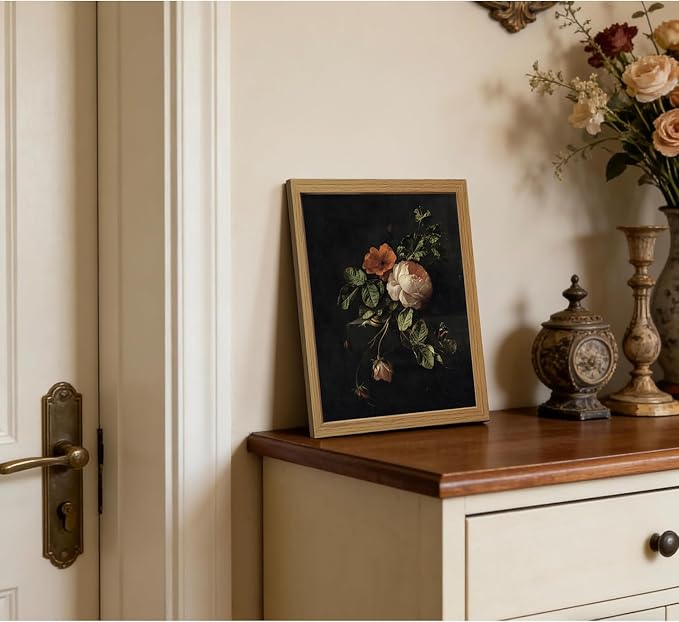CXQILVER Framed Vintage Dark Floral Wall Art, Botanical Rose Canvas Print, Antique Still Life Flower Painting Rustic Dark Academia Wall Decor, Classical Floral Artwork for Bedroom Living Room 8x10in