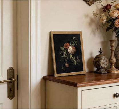 CXQILVER Framed Vintage Dark Floral Wall Art, Botanical Rose Canvas Print, Antique Still Life Flower Painting Rustic Dark Academia Wall Decor, Classical Floral Artwork for Bedroom Living Room 8x10in