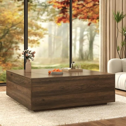 47 Inch Large Square Coffee Table with Storage,Modern Wooden Coffee Tables with 2 Drawers Storage for Living Room,Mid Century Tea Table/Aesthetic Coffee Table Center Table for Home Office(Walnut)