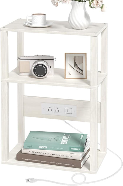 YUFAM 3-Tier Small Narrow Wood Side Table with Charging Station, Skinny Nightstand for Small Space, Slim Bedside Table with Storage for Couch, Thin End Table with USB Ports and Outlets, Grey White